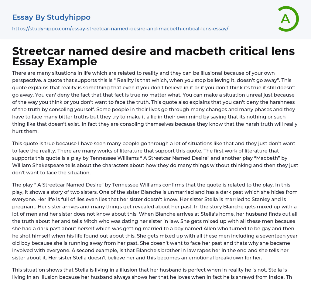 Streetcar named desire and macbeth critical lens Essay Example