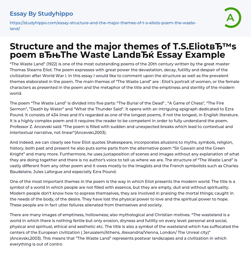 Structure and the major themes of T.S.Eliot’s poem “The Waste Land” Essay Example