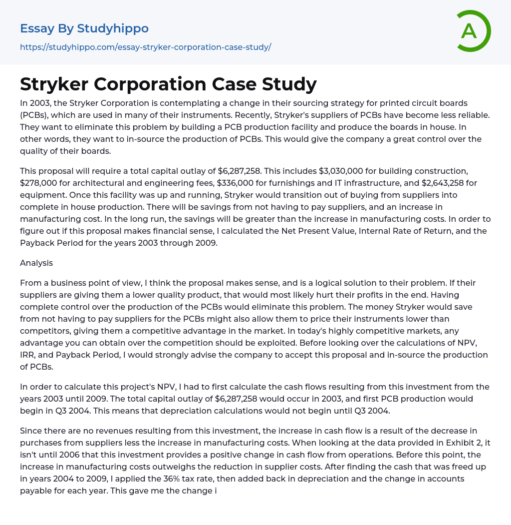 Stryker Corporation Case Study Essay Example