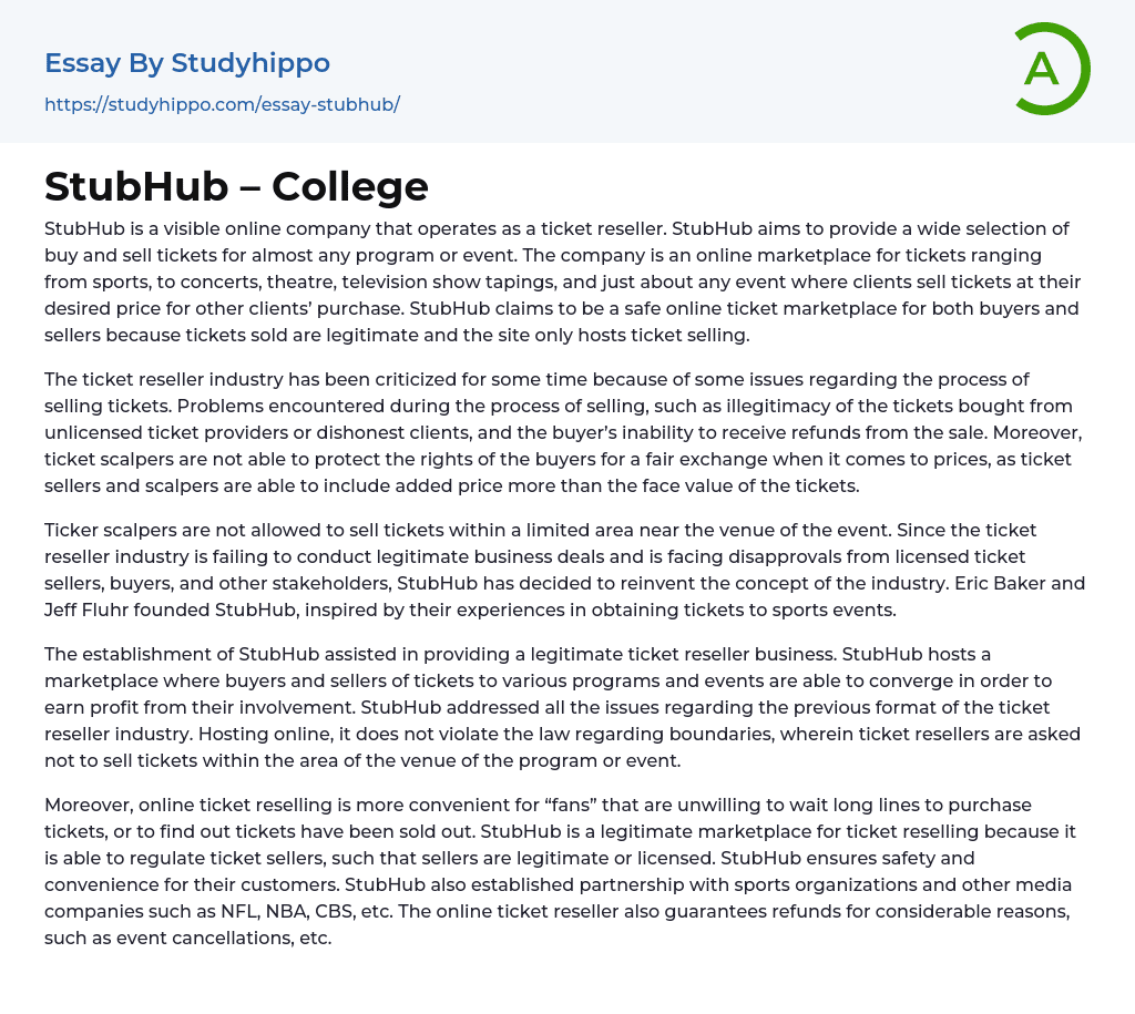 StubHub – College Essay Example