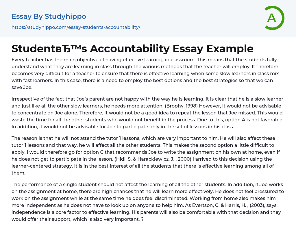 Student’s Accountability Essay Example