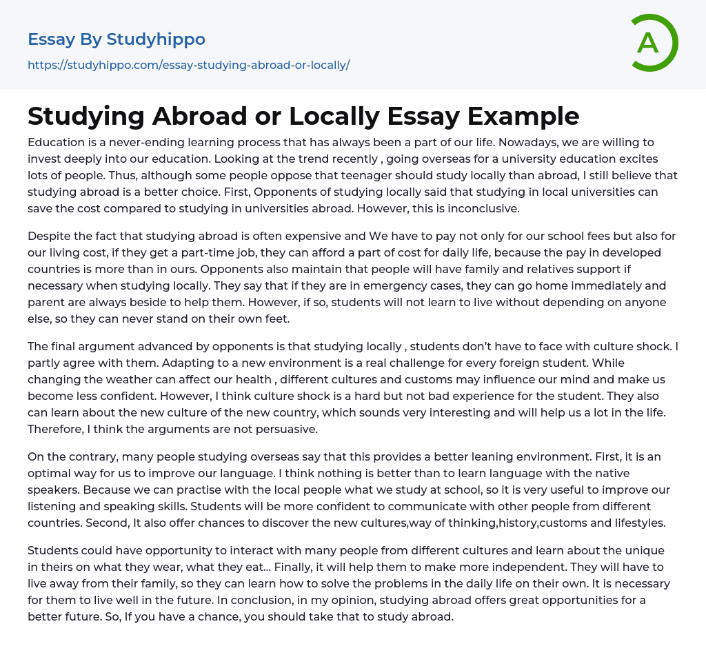 Studying Abroad or Locally Essay Example