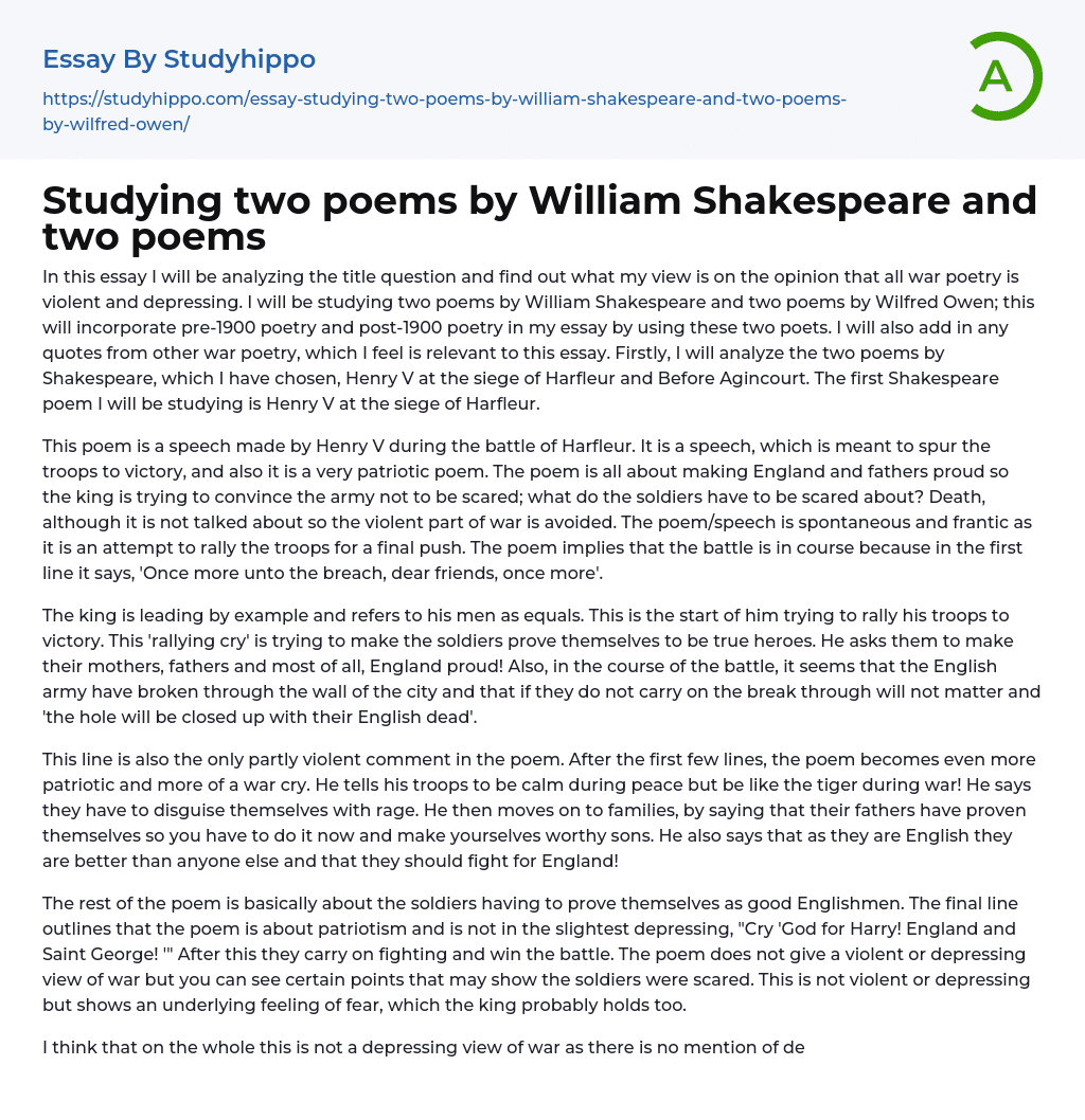 Studying two poems by William Shakespeare and two poems Essay Example