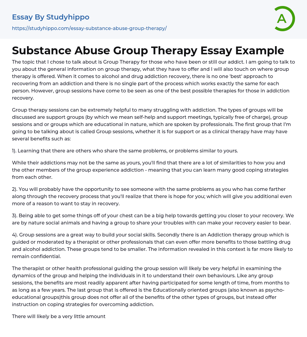 Substance Abuse Group Therapy Essay Example
