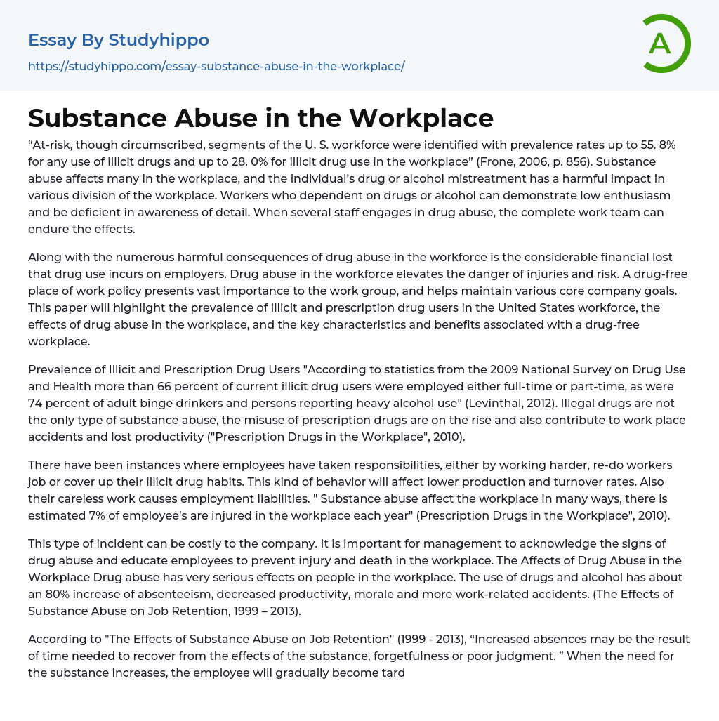 Substance Abuse in the Workplace Essay Example