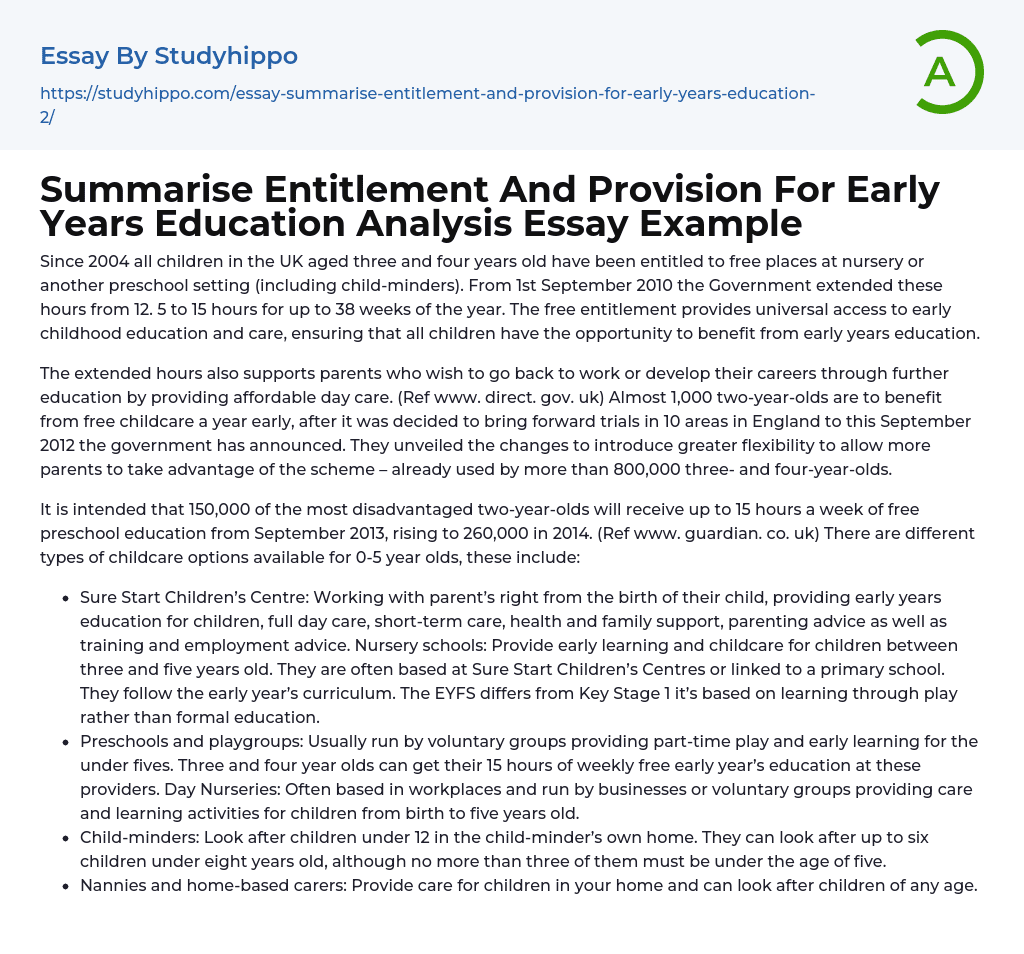 Summarise Entitlement And Provision For Early Years Education Analysis 