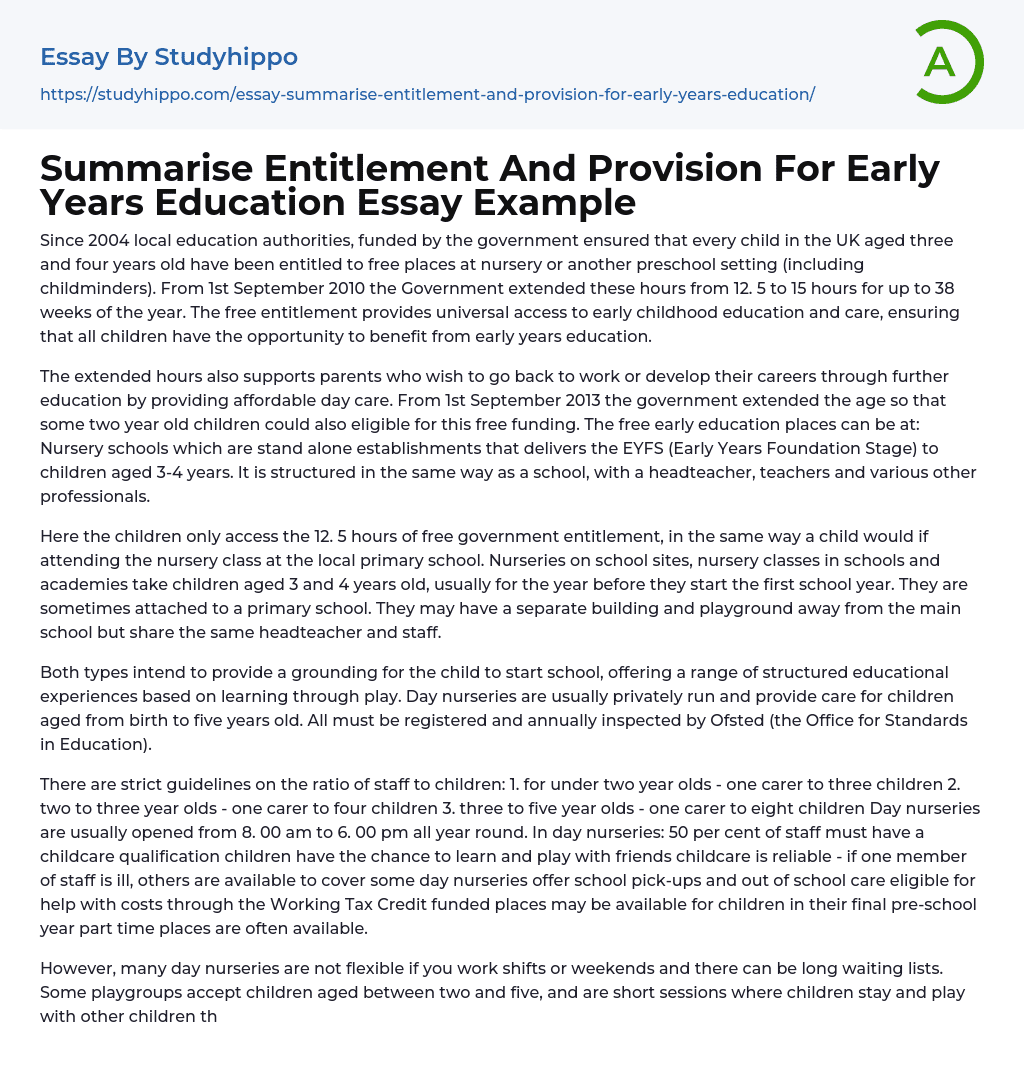 Summarise Entitlement And Provision For Early Years Education Essay Example