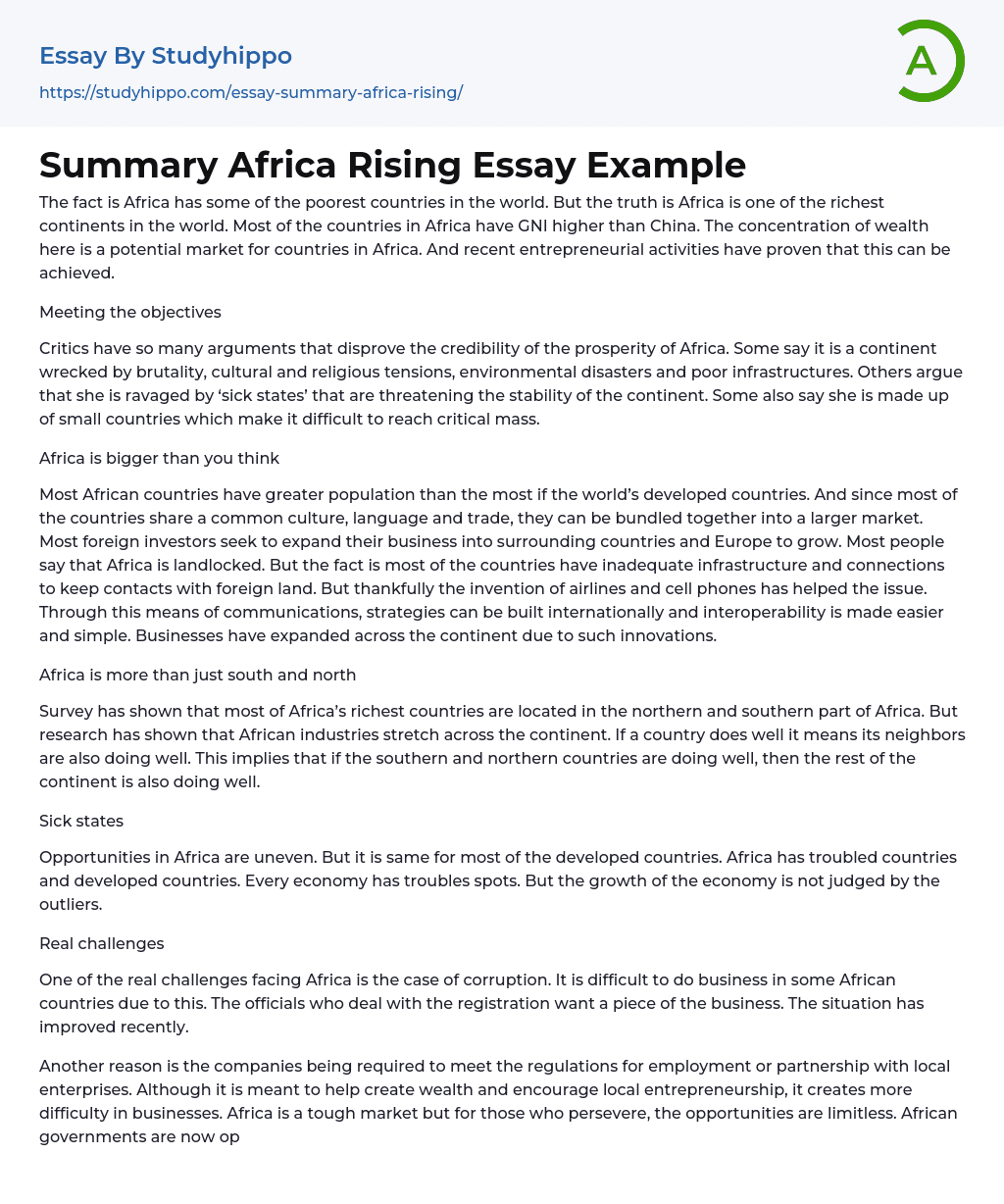 Summary Africa Rising Essay Example