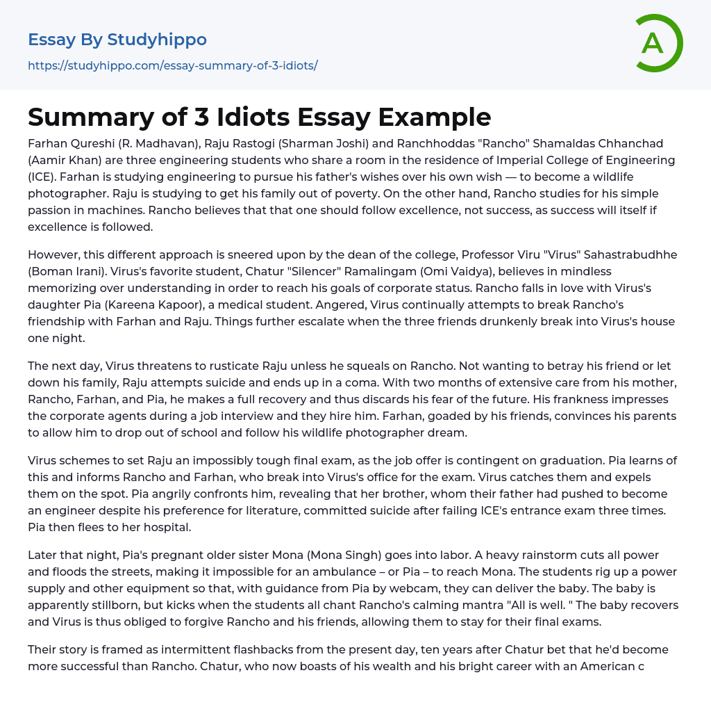Summary of 3 Idiots Essay Example