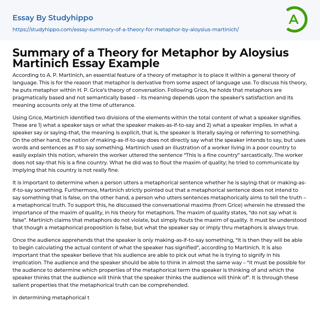 Summary of a Theory for Metaphor by Aloysius Martinich Essay Example