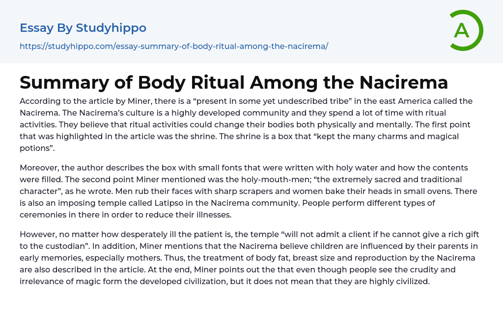 Summary of Body Ritual Among the Nacirema Essay Example