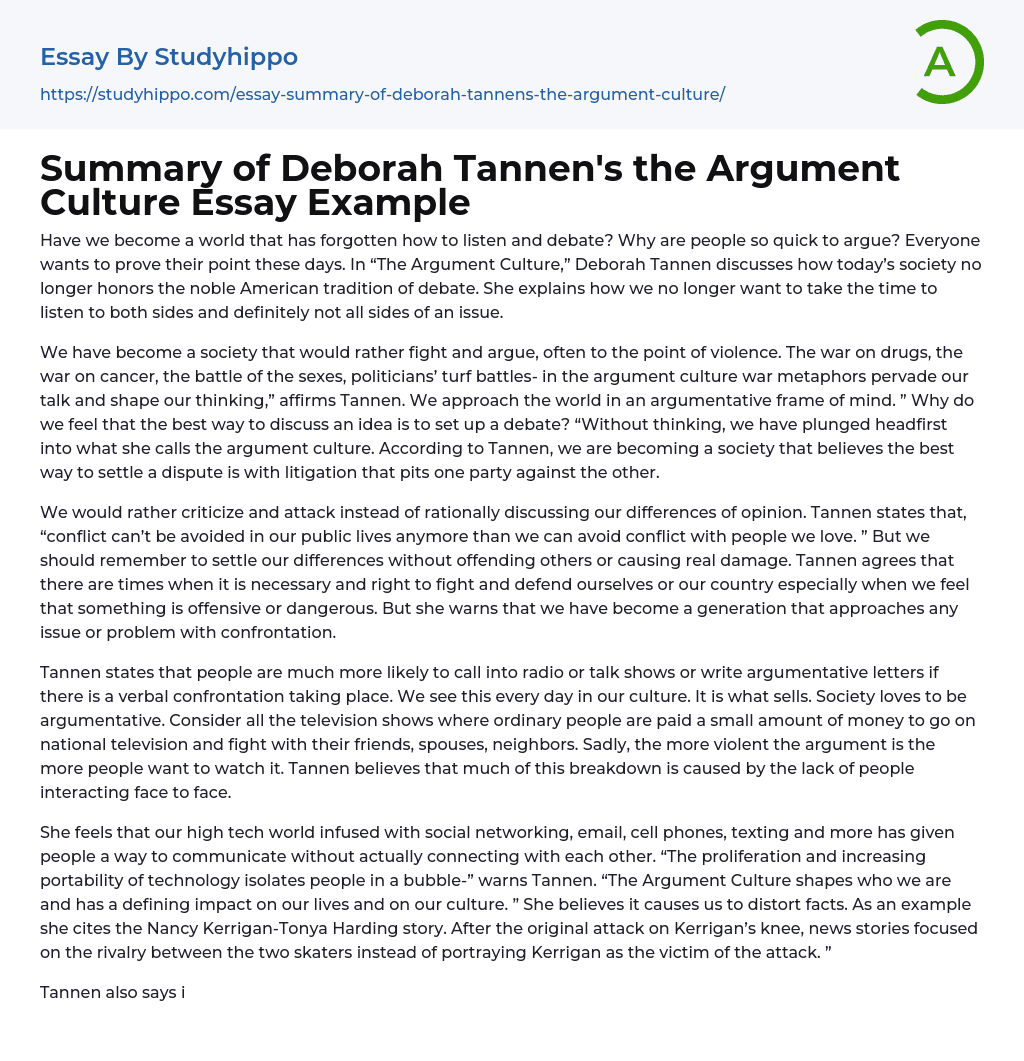 Summary of Deborah Tannen’s the Argument Culture Essay Example