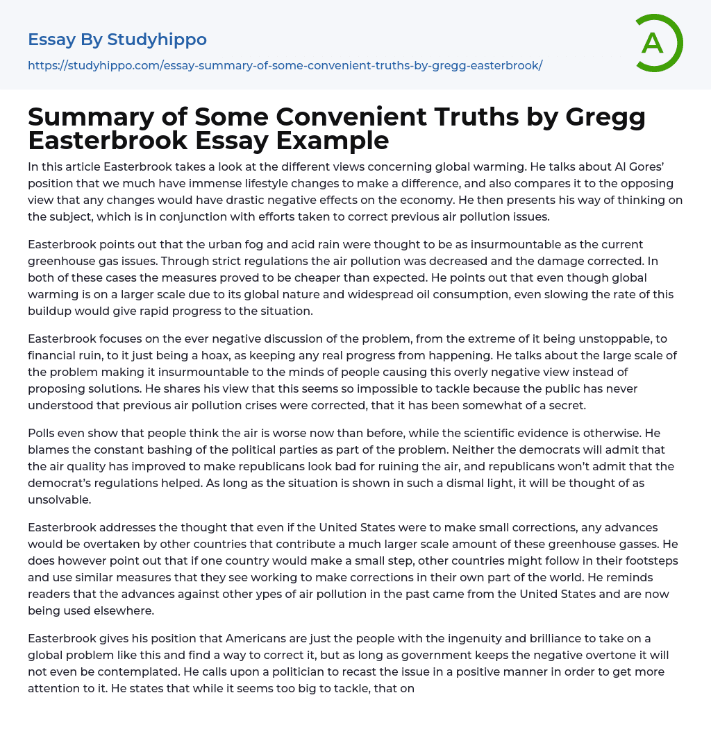 Summary of Some Convenient Truths by Gregg Easterbrook Essay Example