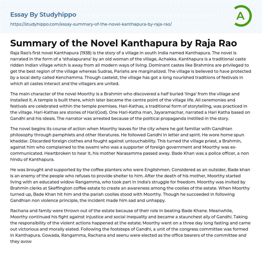 Summary of the Novel Kanthapura by Raja Rao Essay Example