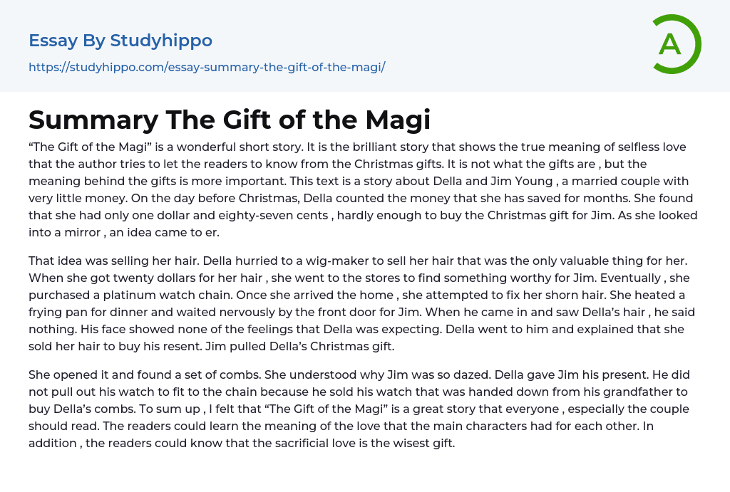 Summary The Gift of the Magi Essay Example