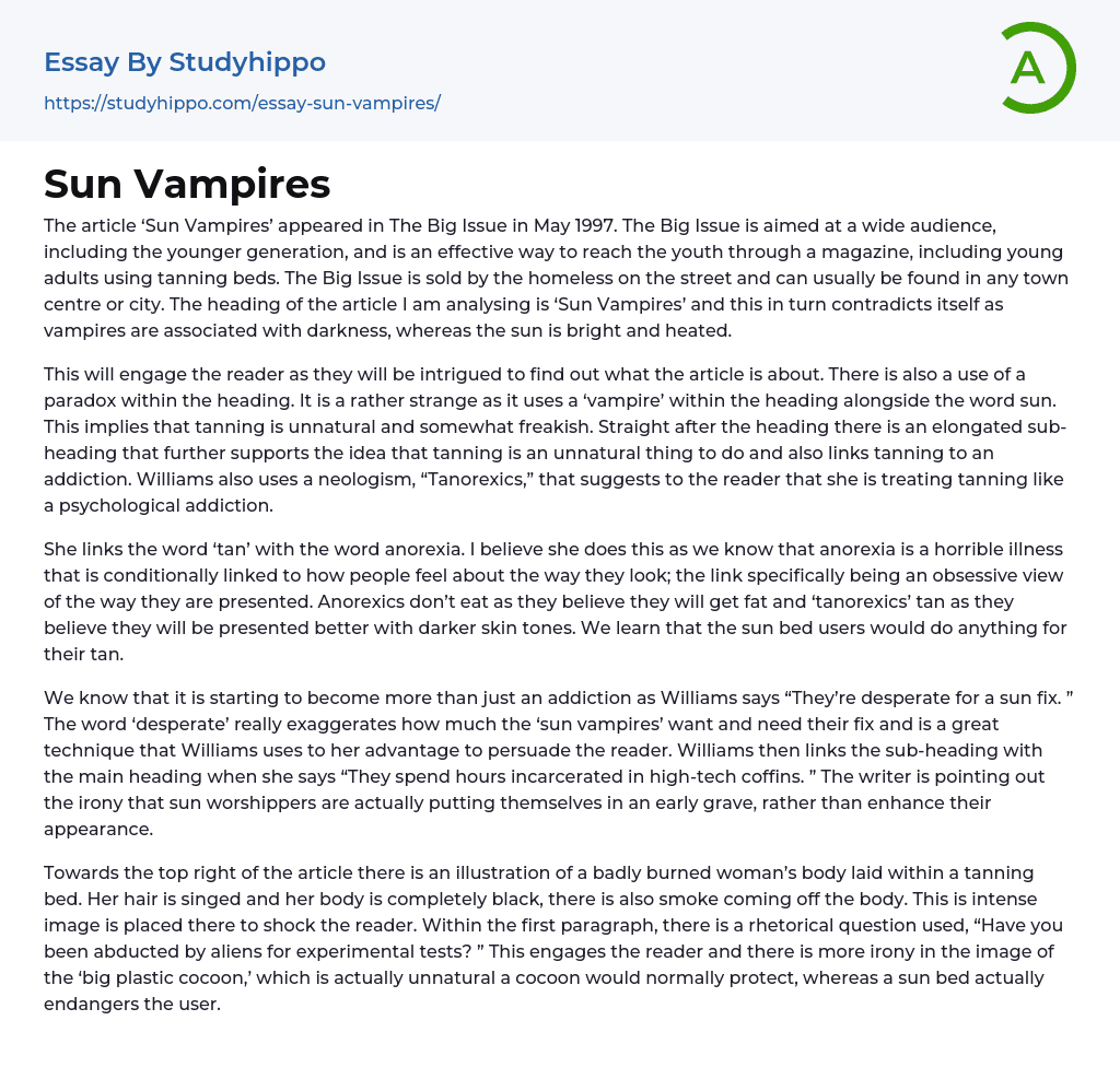 Sun Vampires Essay Example