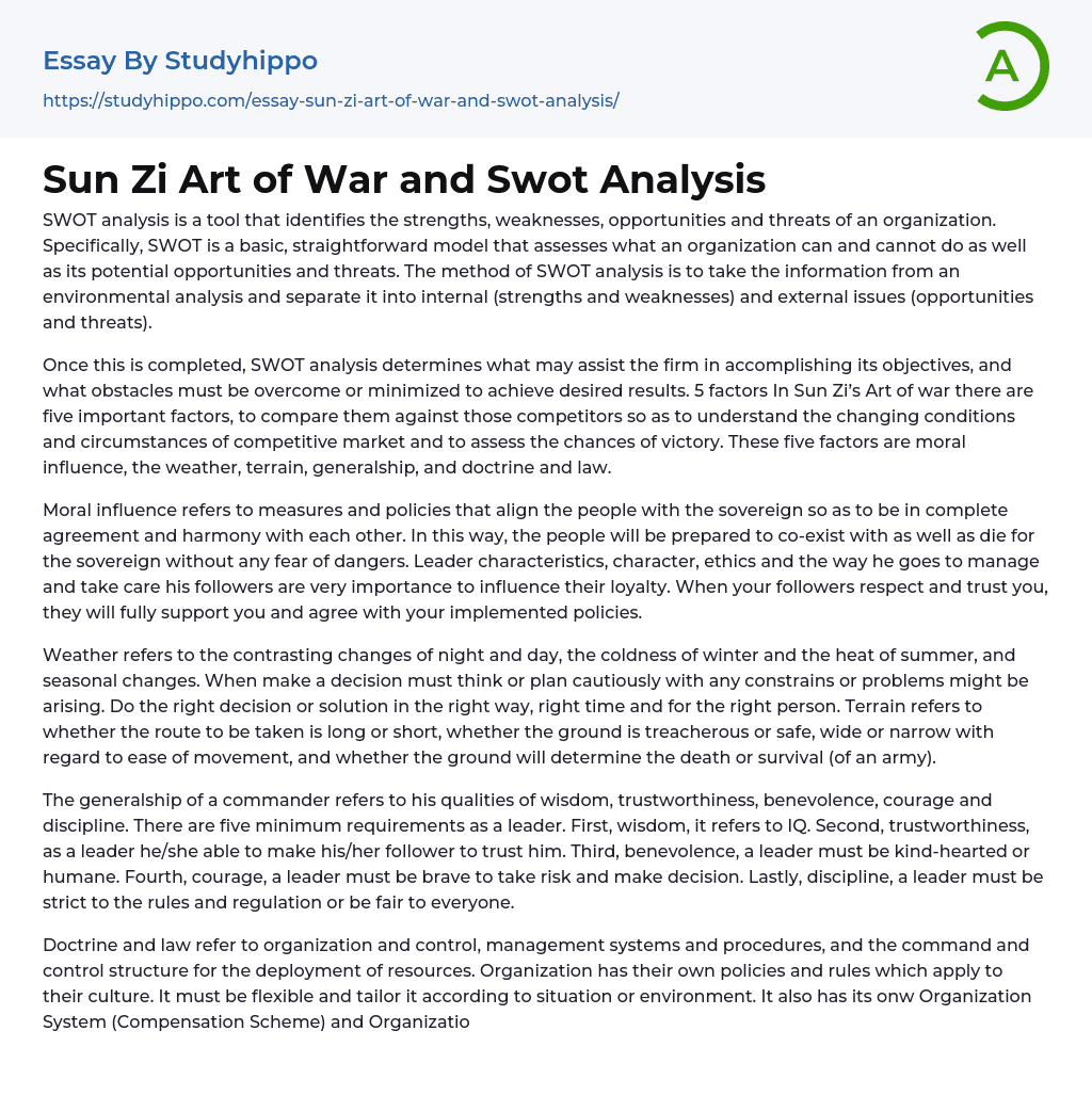 Sun Zi Art of War and Swot Analysis Essay Example