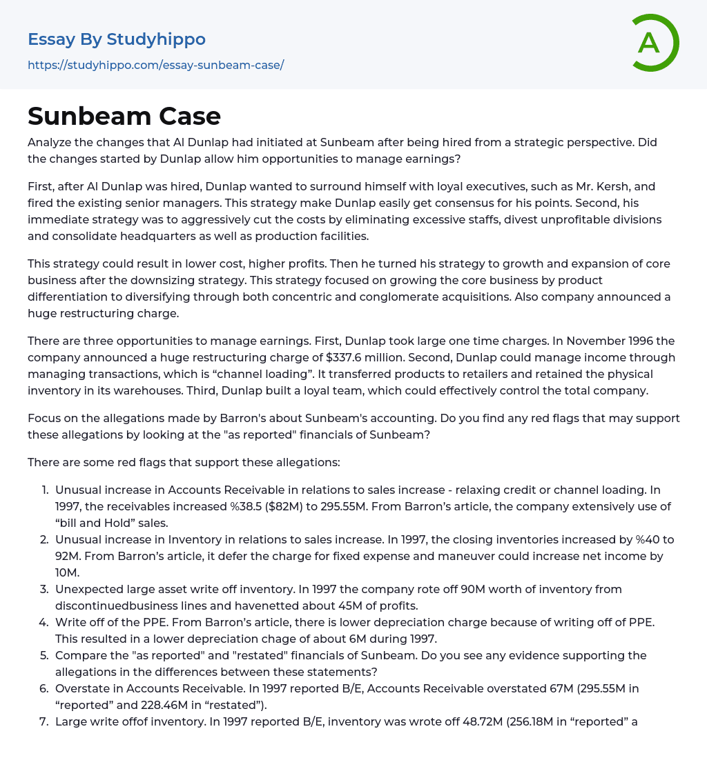 Sunbeam Case Essay Example