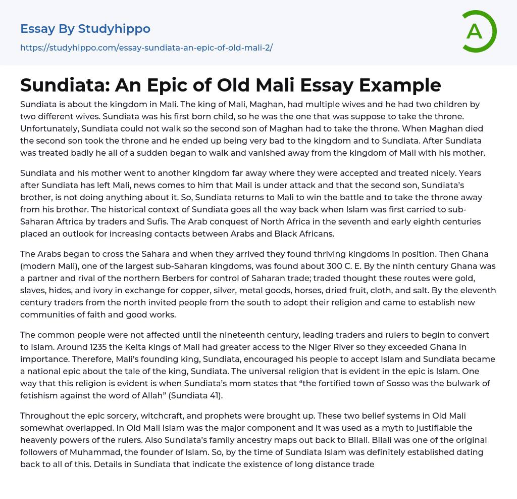 Sundiata: An Epic of Old Mali Essay Example