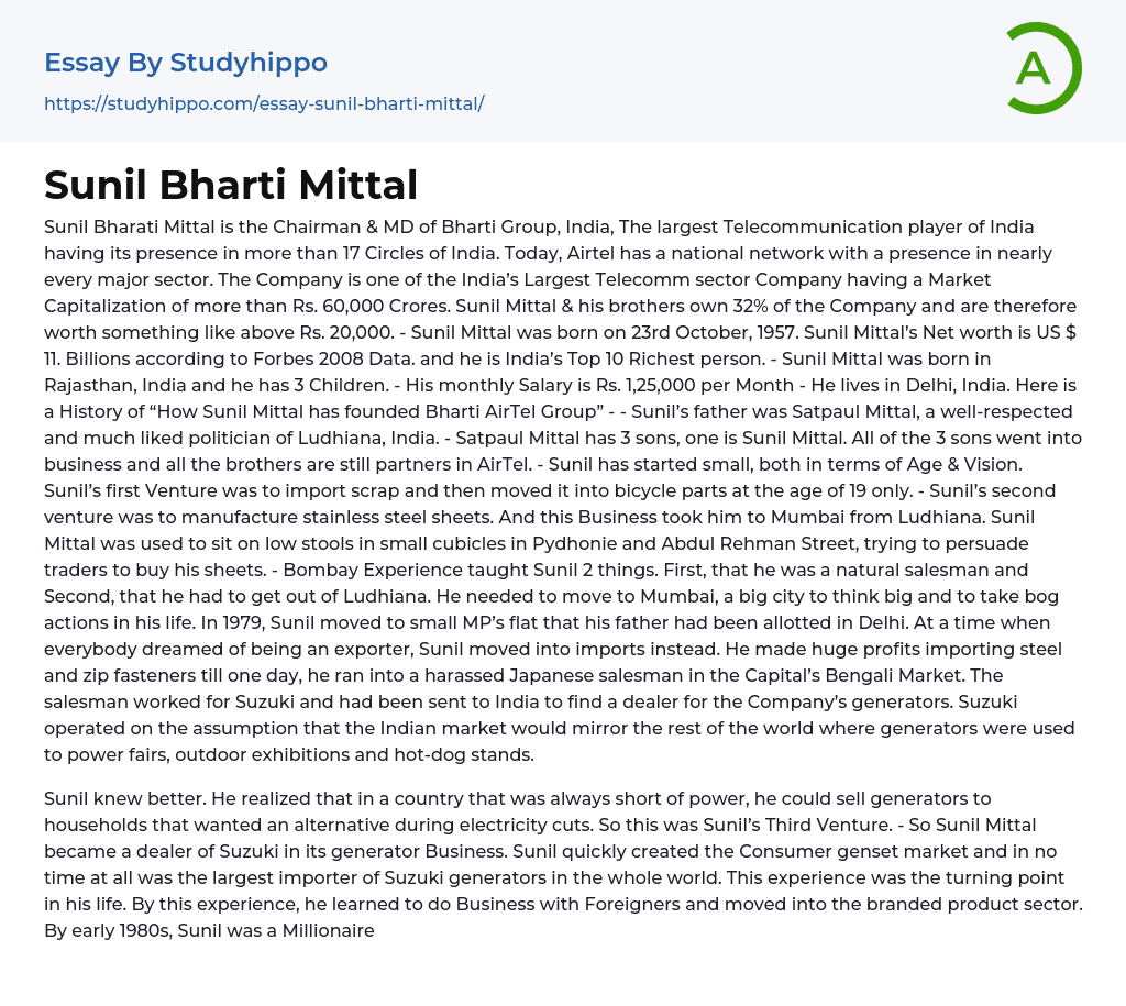 Sunil Bharti Mittal Essay Example