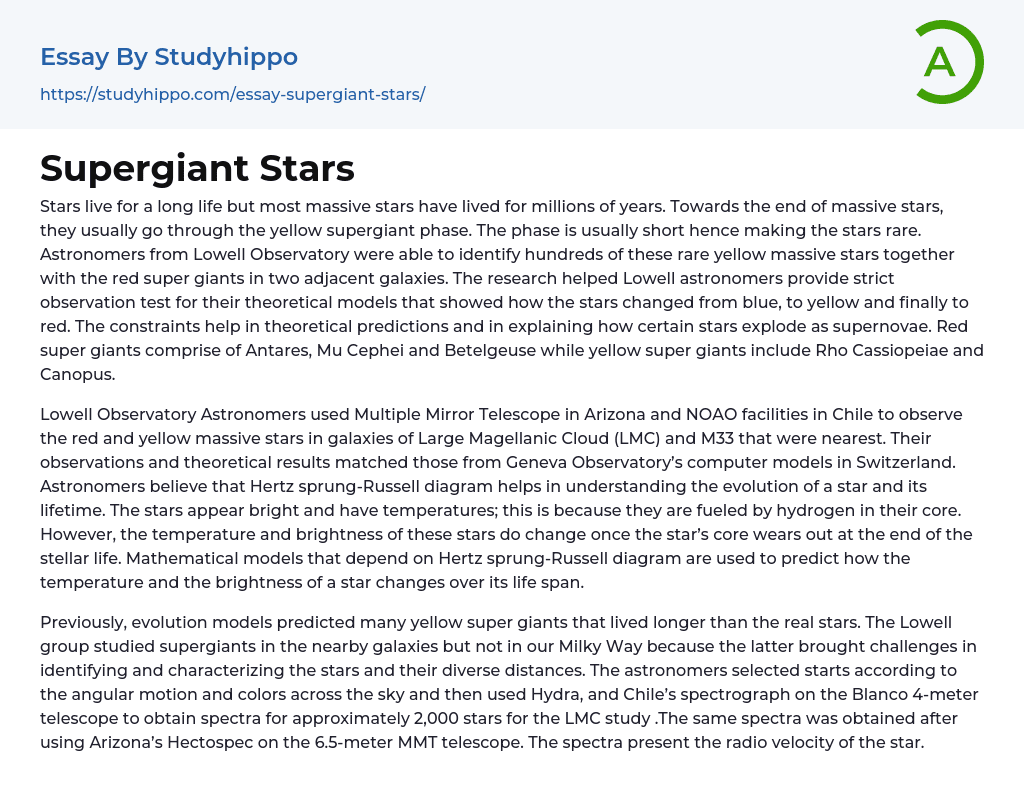 Supergiant Stars Essay Example
