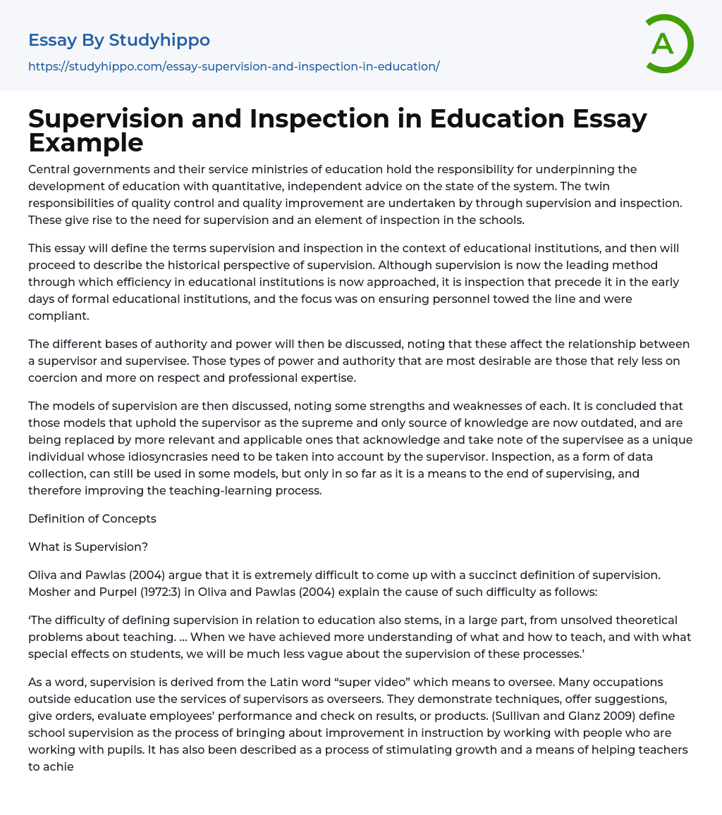 Supervision and Inspection in Education Essay Example