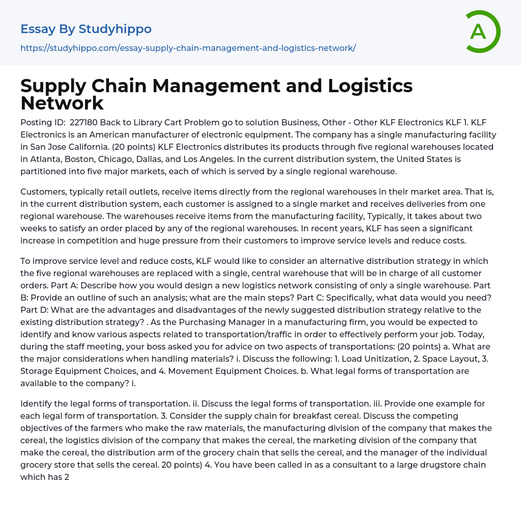 Supply Chain Management and Logistics Network Essay Example