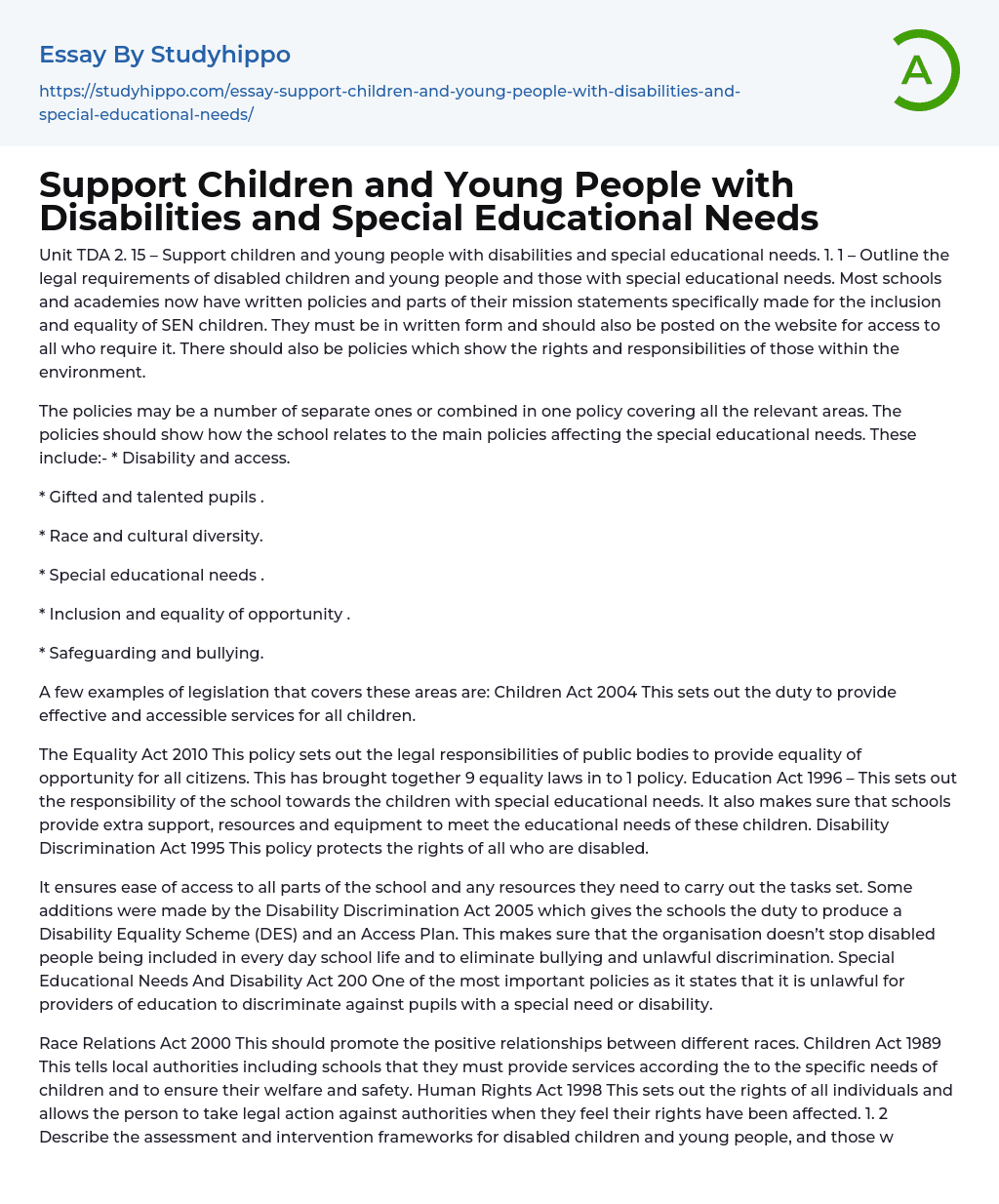 Support Children and Young People with Disabilities and Special Educational Needs Essay Example