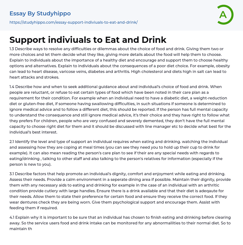 Support indiviuals to Eat and Drink Essay Example