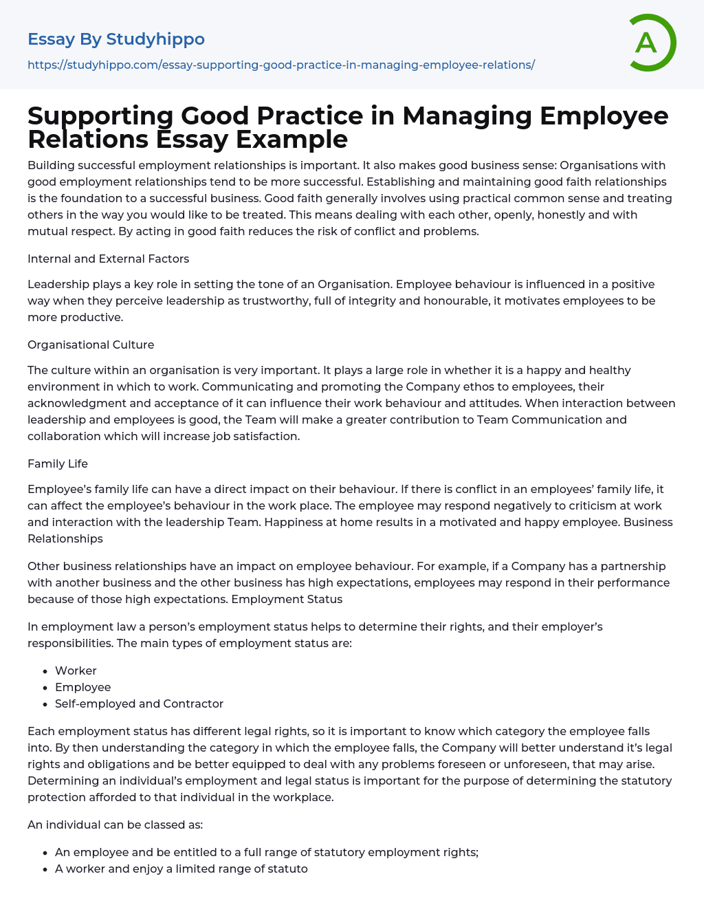 Supporting Good Practice in Managing Employee Relations Essay Example