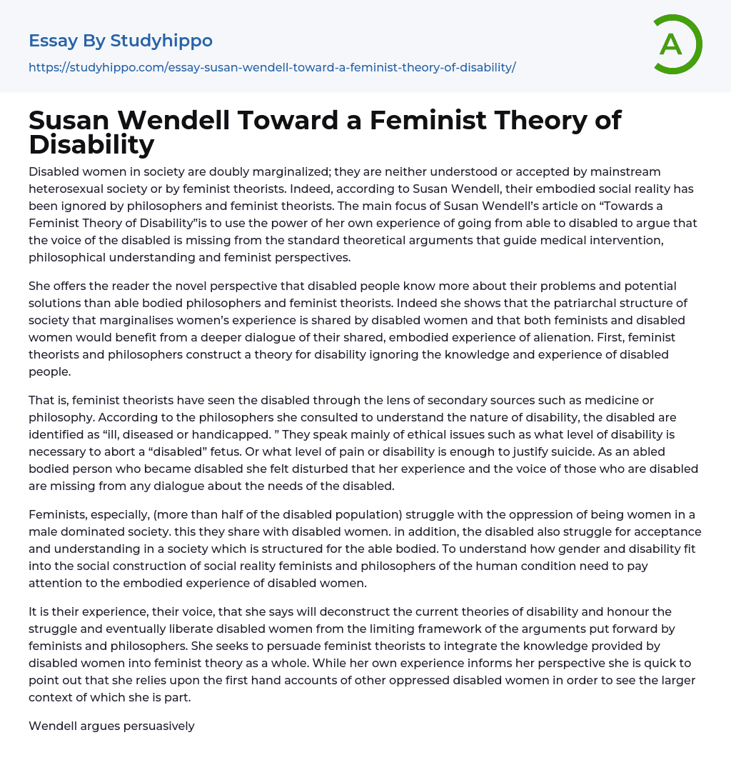 Susan Wendell Toward a Feminist Theory of Disability Essay Example