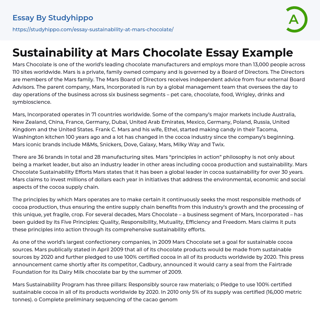 Sustainability at Mars Chocolate Essay Example