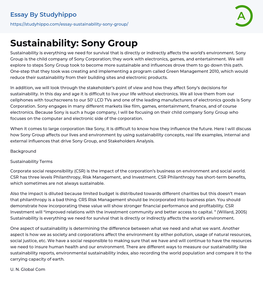 Sustainability: Sony Group Essay Example