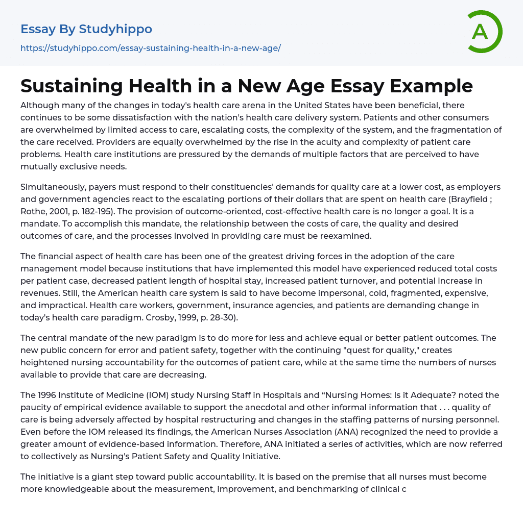 Sustaining Health in a New Age Essay Example