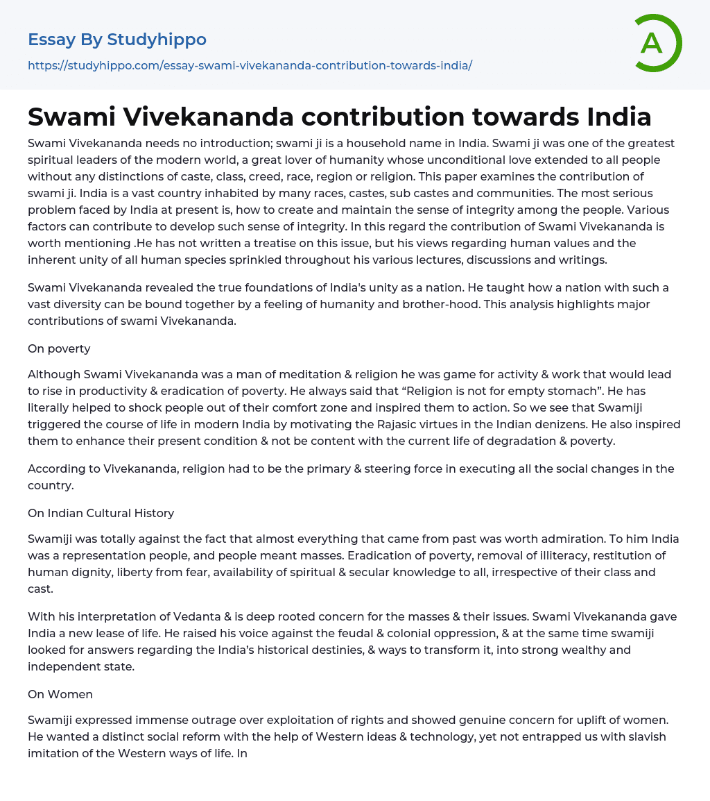 Swami Vivekananda contribution towards India Essay Example