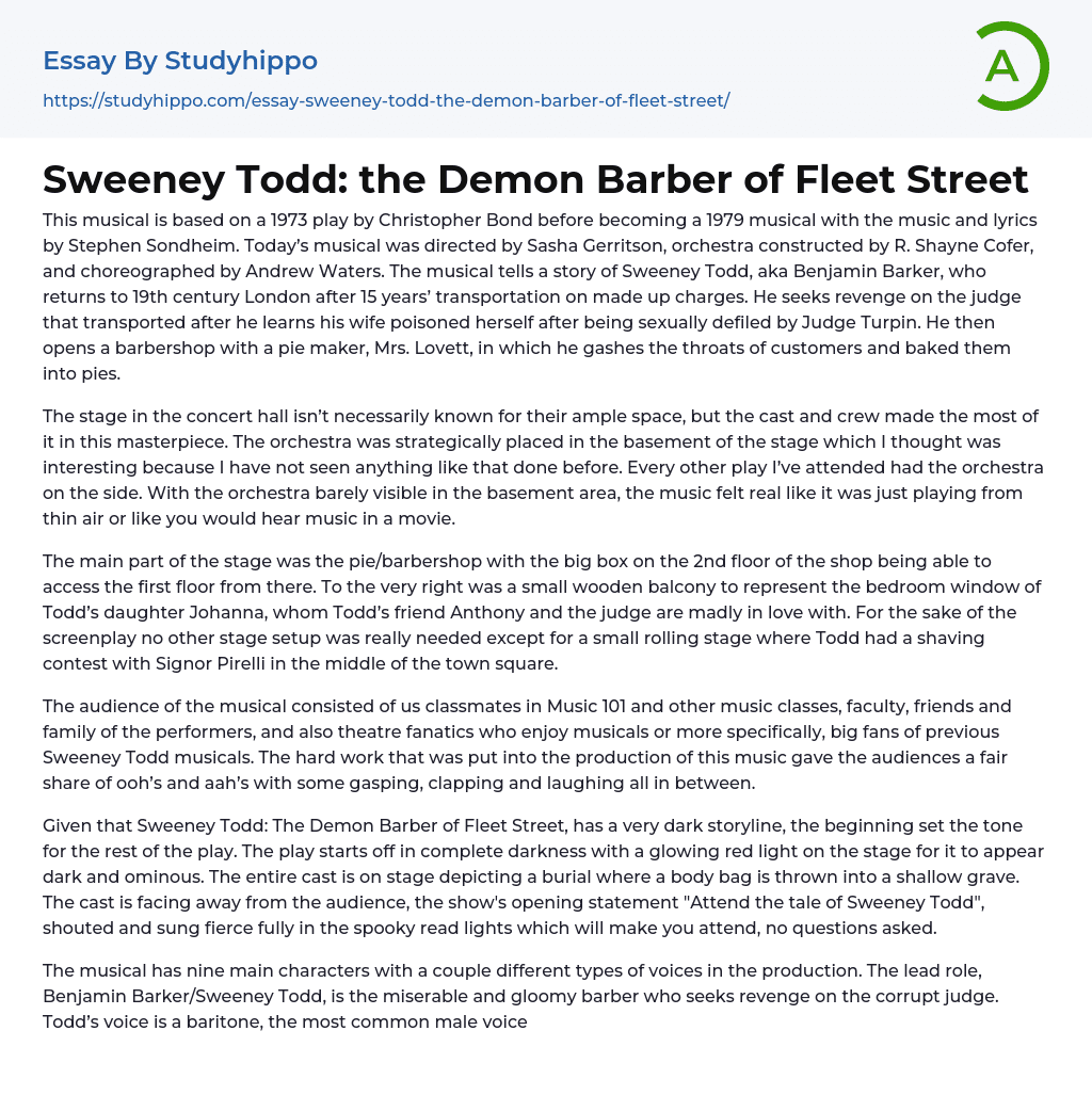 Sweeney Todd: the Demon Barber of Fleet Street Essay Example