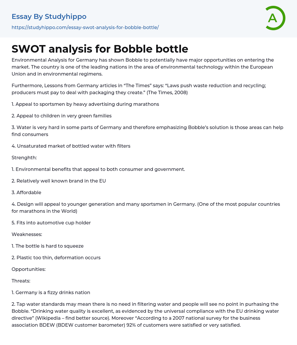 SWOT analysis for Bobble bottle Essay Example