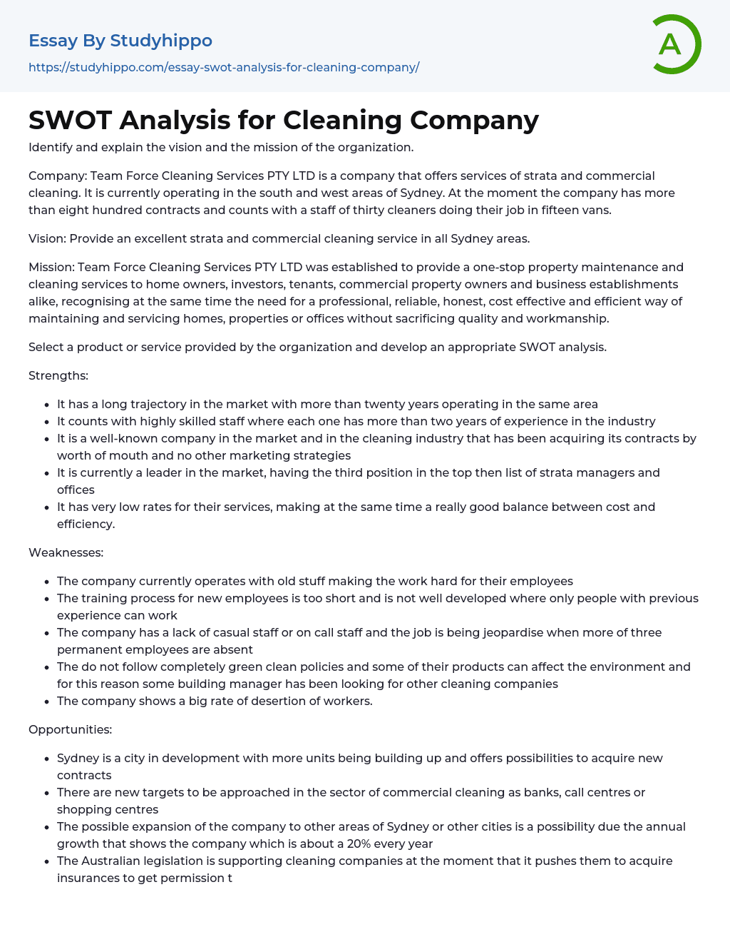 SWOT Analysis for Cleaning Company Essay Example