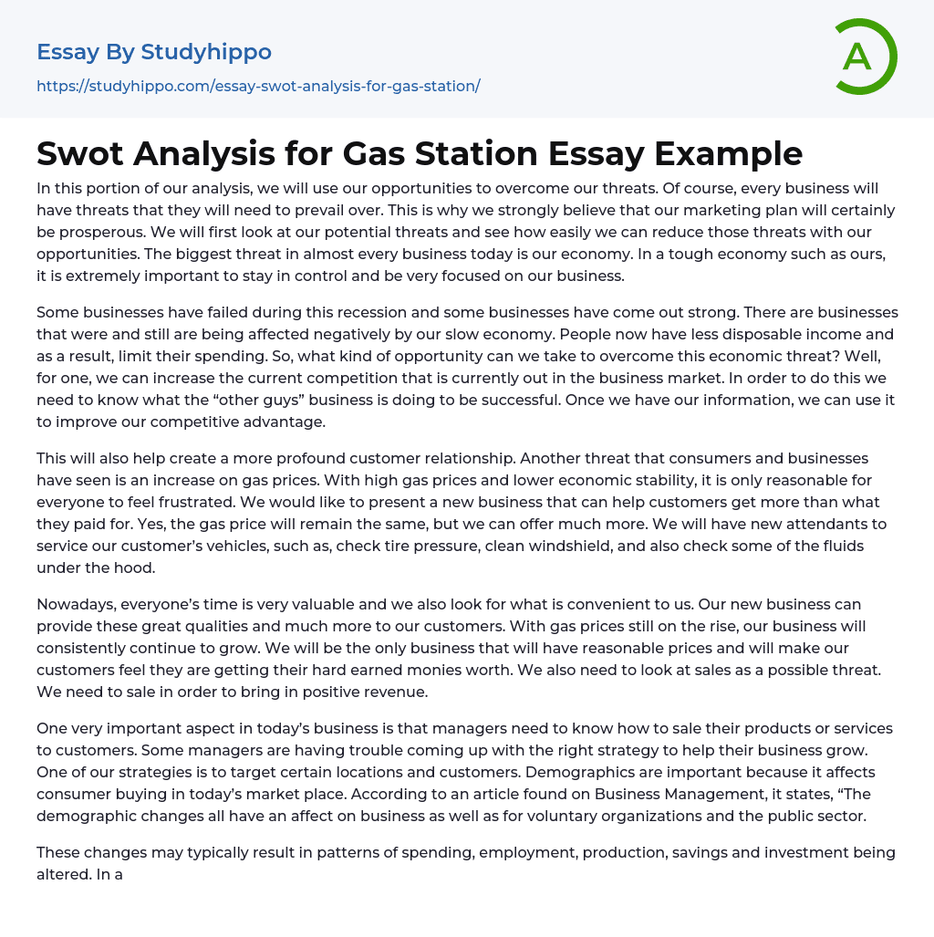 Swot Analysis for Gas Station Essay Example