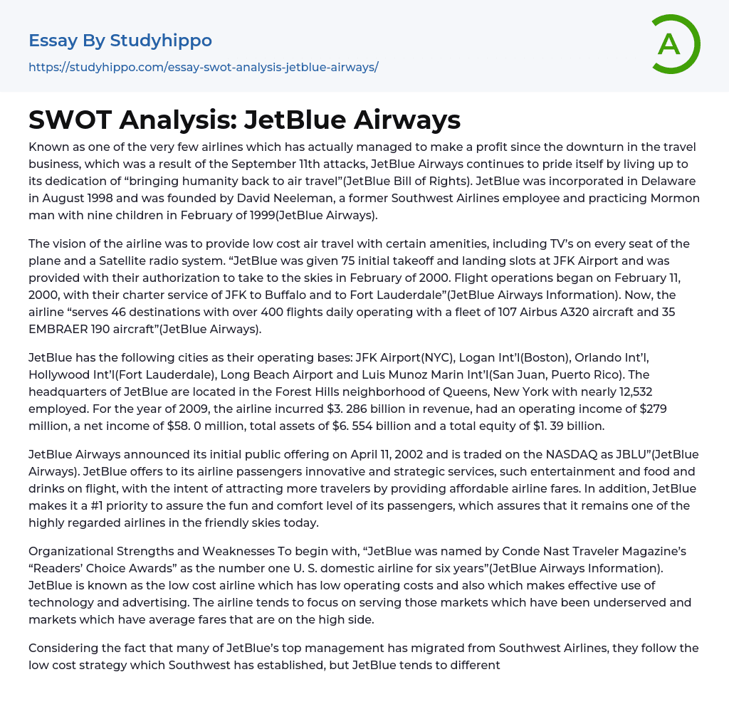 SWOT Analysis: JetBlue Airways Essay Example