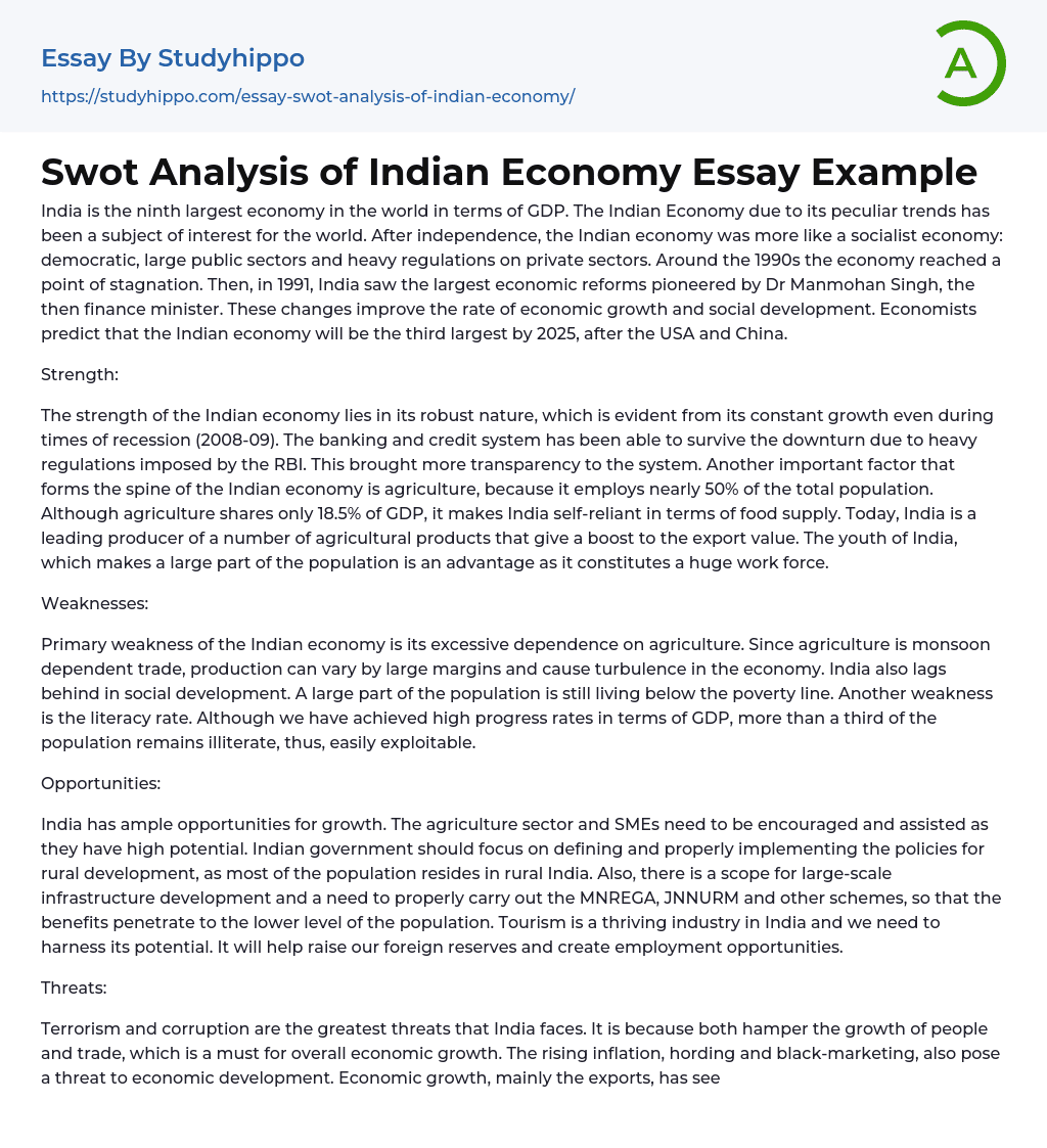Swot Analysis of Indian Economy Essay Example