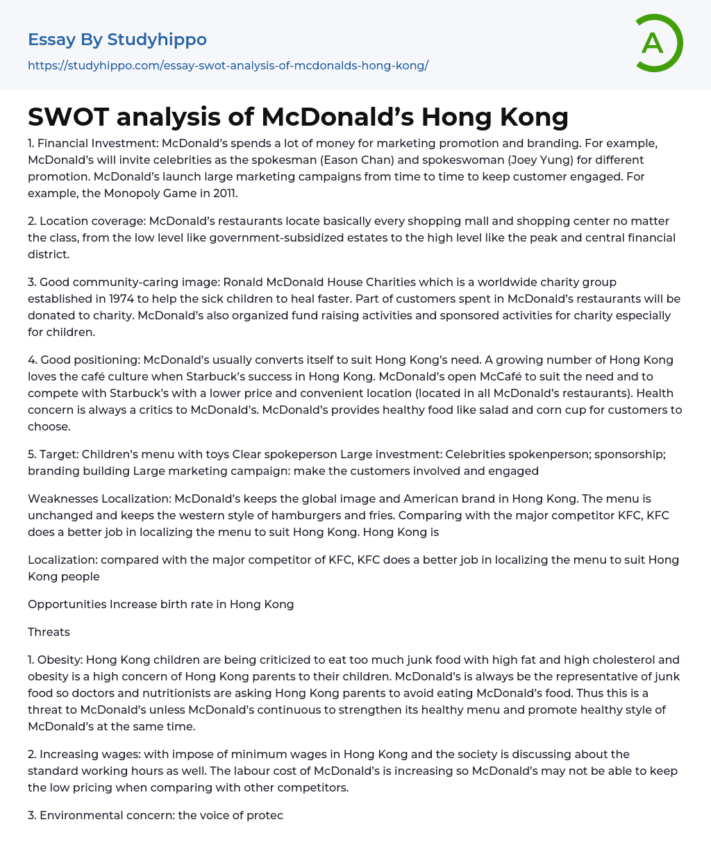 SWOT analysis of McDonald’s Hong Kong Essay Example