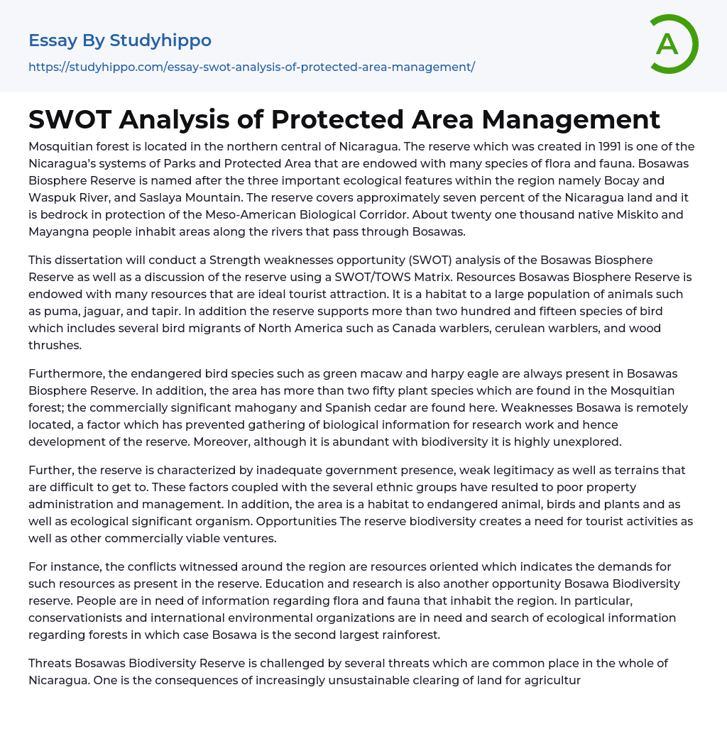 SWOT Analysis of Protected Area Management Essay Example