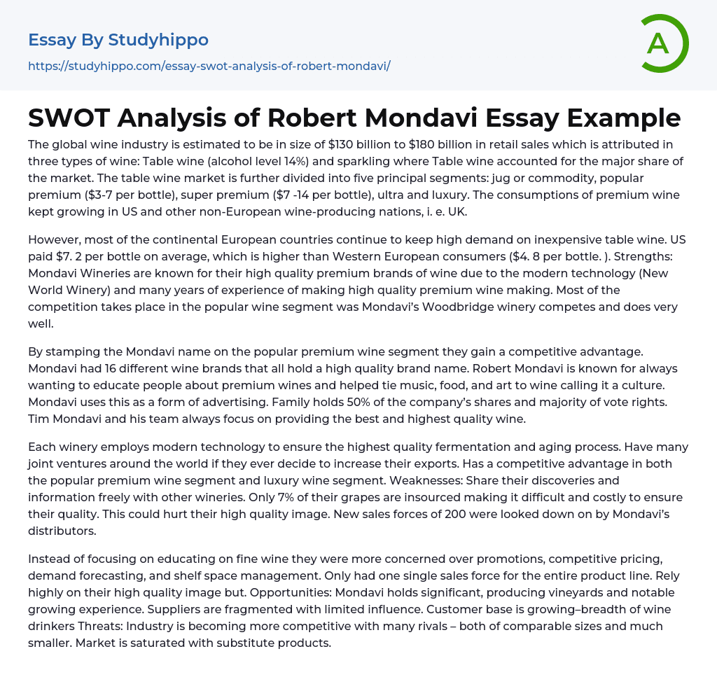 SWOT Analysis of Robert Mondavi Essay Example