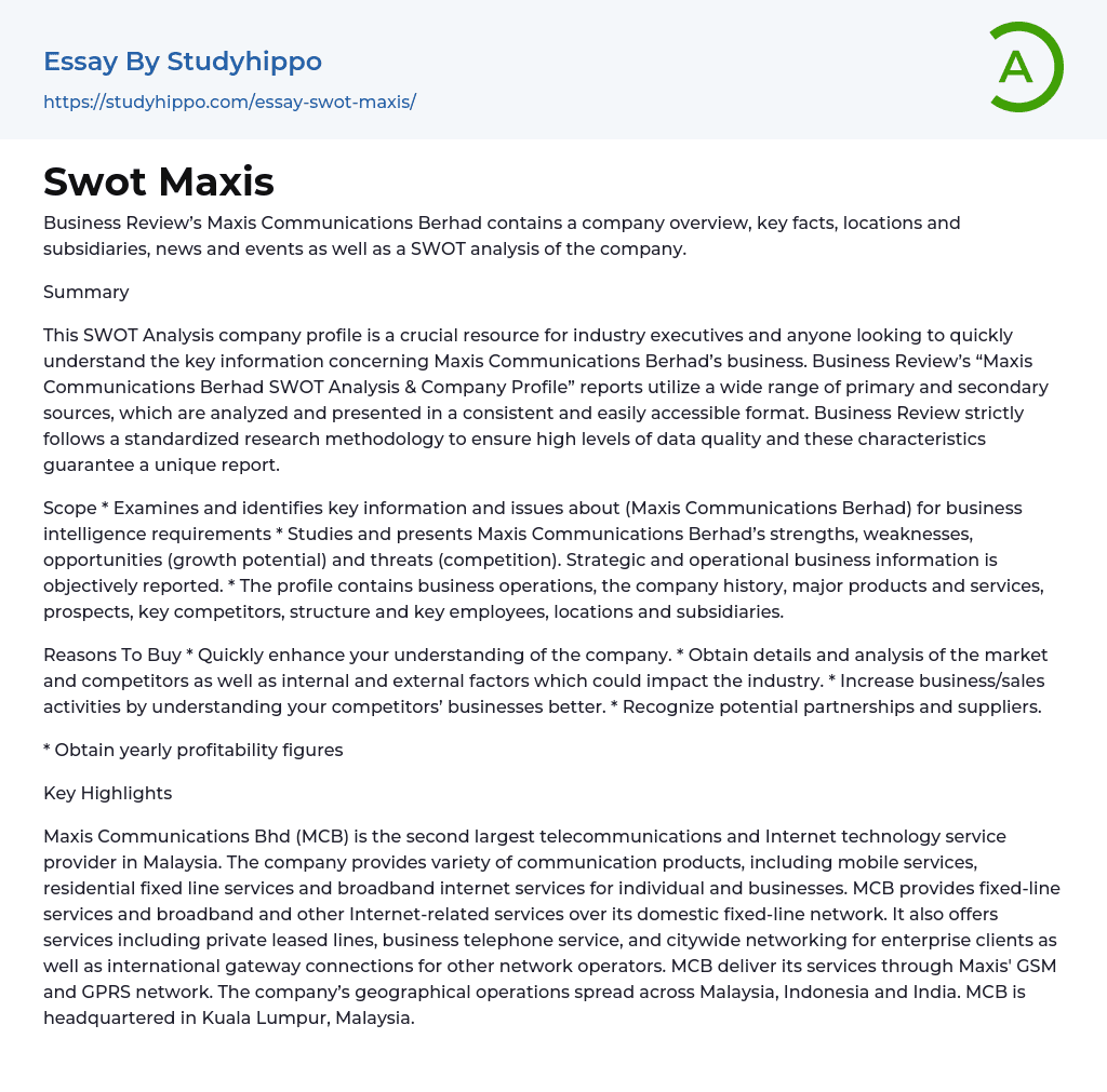 Swot Maxis Essay Example