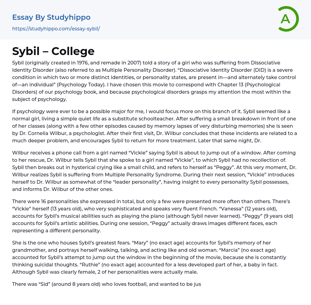 Sybil – College Essay Example