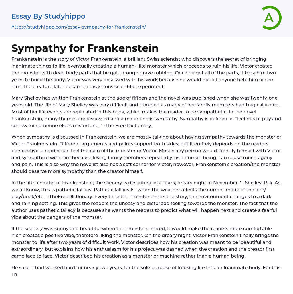 Sympathy for Frankenstein Essay Example