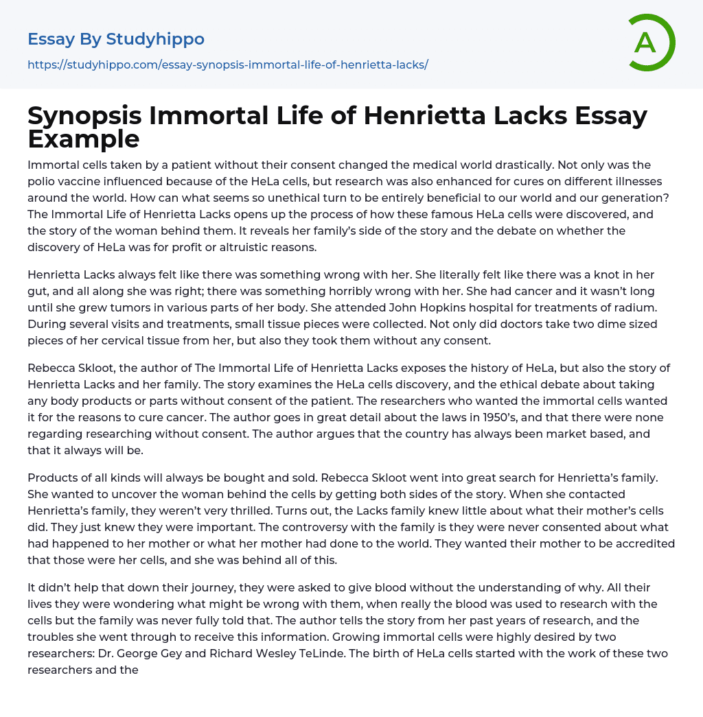 Synopsis Immortal Life of Henrietta Lacks Essay Example