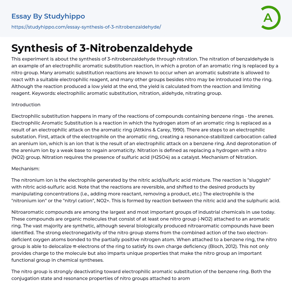 Synthesis of 3-Nitrobenzaldehyde Essay Example