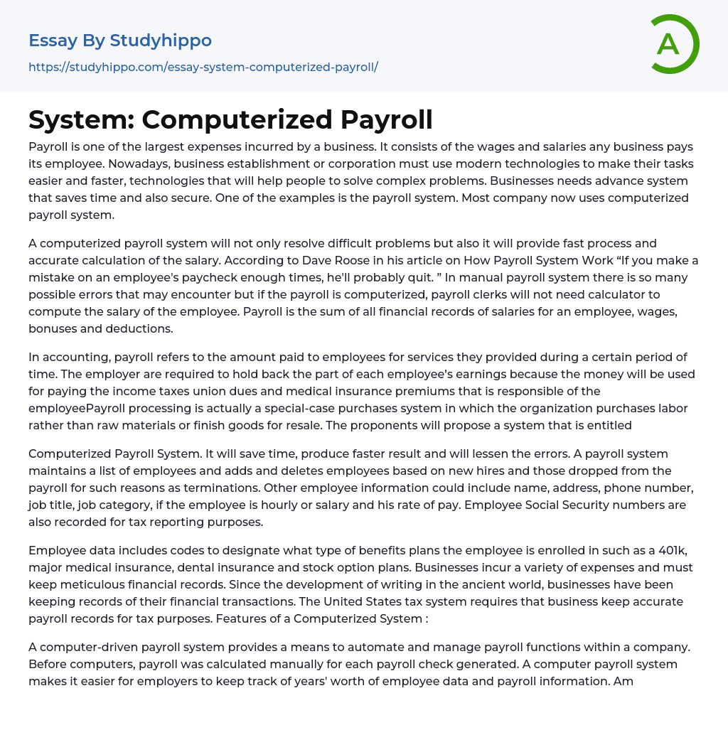 System: Computerized Payroll Essay Example